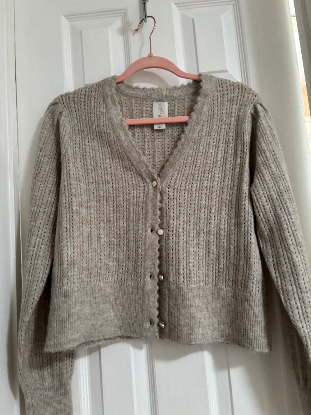 Pointelle Knit Cardigan Sweater – Taupe/Beige, Size Medium